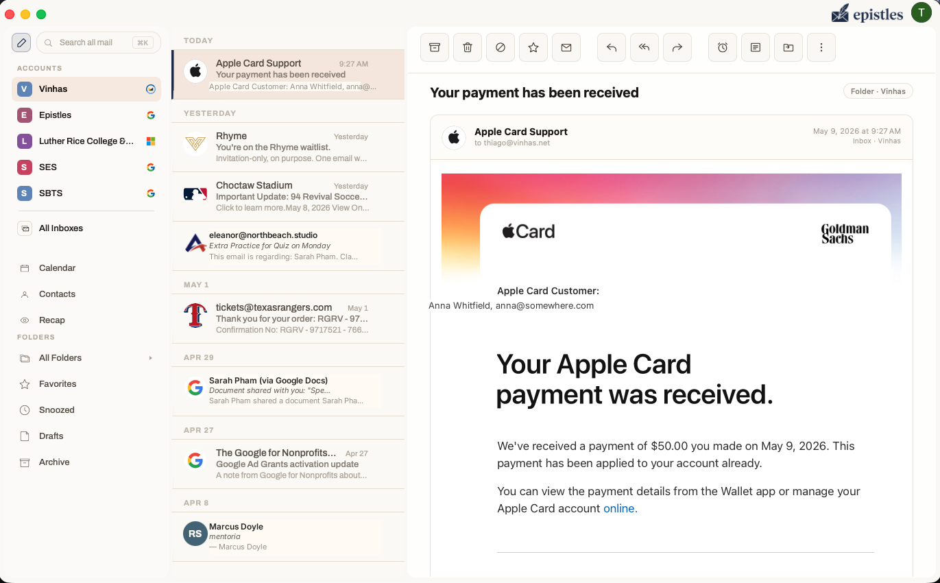 Epistles desktop app showing a unified inbox with multiple email accounts
