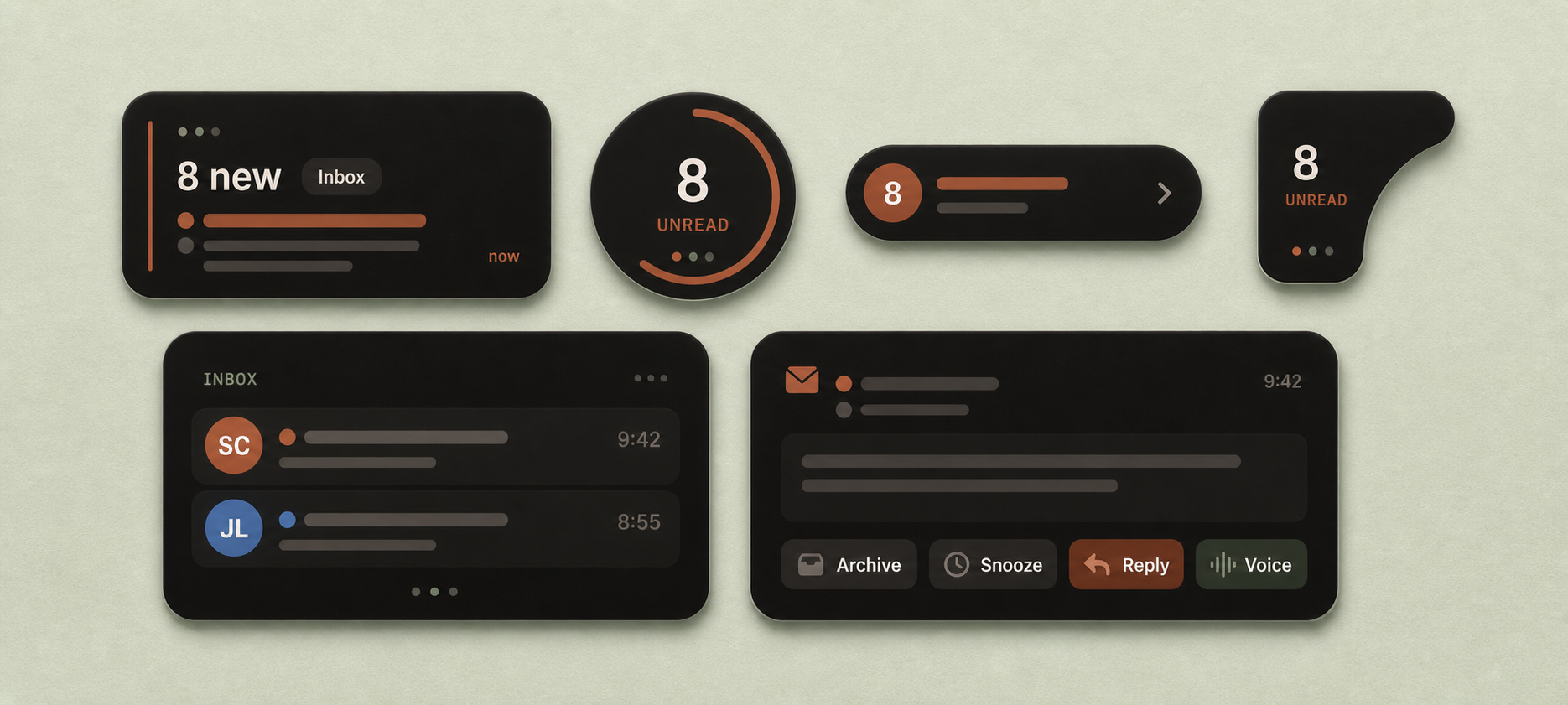 Smartwatch complication, tile, and notification surfaces showing unread mail, an inbox tile, and quick actions for archive, snooze, reply, and voice.